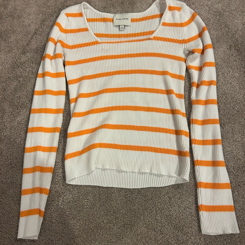 New White Orange Striped Long Sleeve Top/Sweater Square Neck Rib Knit Small